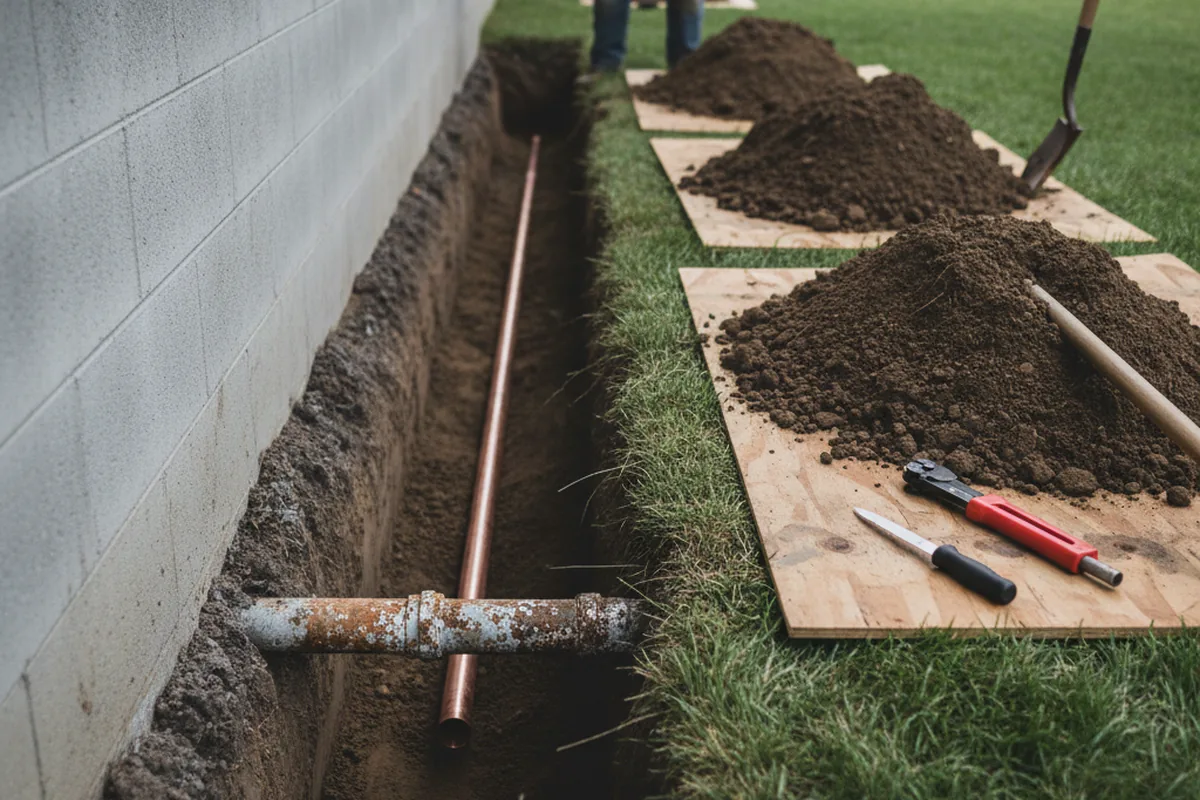 Excavated water line trench during Sewer Line Repair in Keasbey